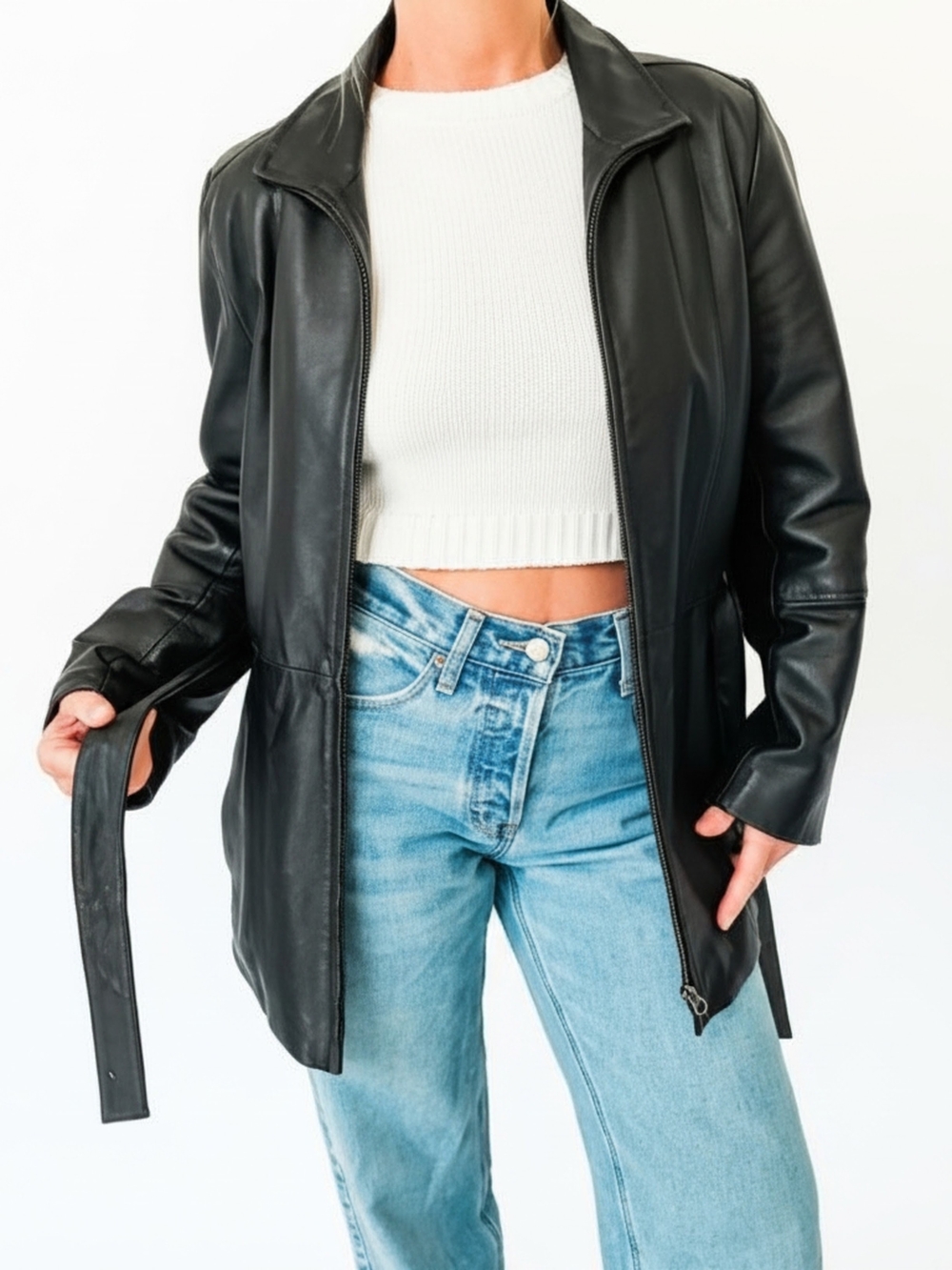 Croft & Barrow Women's Black Leather Full Zip Belted Jacket Size M